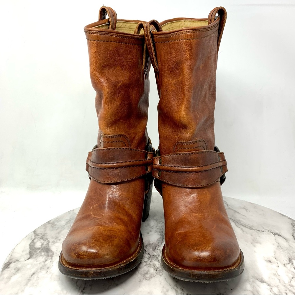 Frye Carmin Harness Short Brown Leather Boots 6 Boho Moto Whimsigoth Festival - Picture 4 of 16